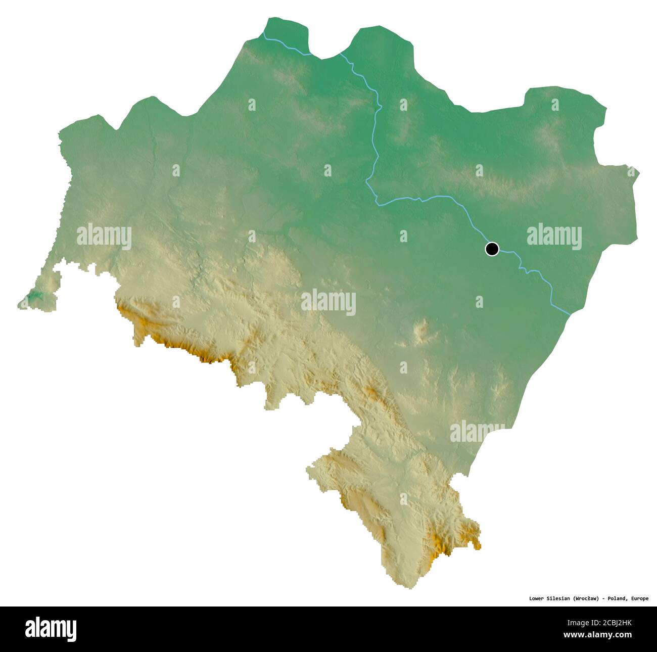 Forme de Silésie inférieur, voïvodeship de Pologne, avec sa capitale isolée sur fond blanc. Carte topographique de relief. Rendu 3D Banque D'Images