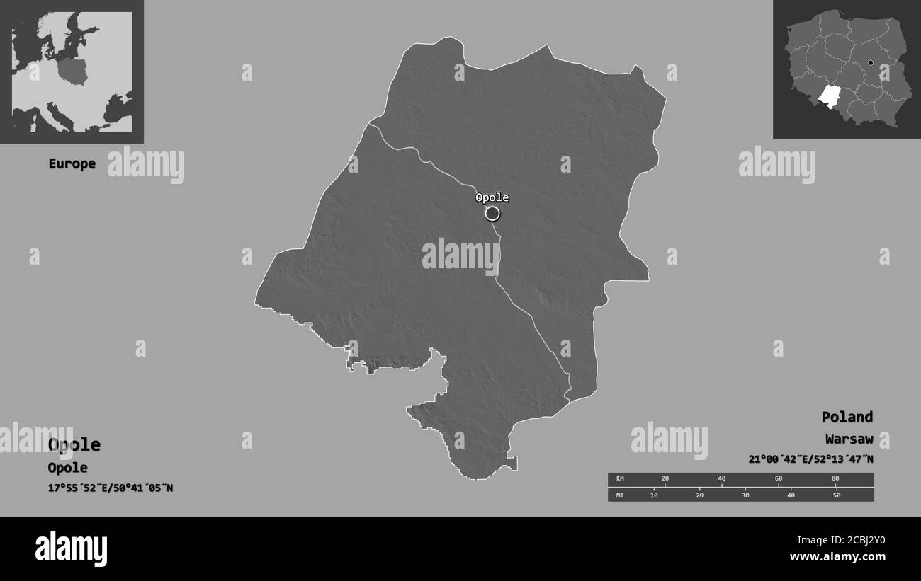 Forme d'Opole, voïvodie de Pologne, et sa capitale. Echelle de distance, aperçus et étiquettes. Carte d'élévation à deux niveaux. Rendu 3D Banque D'Images