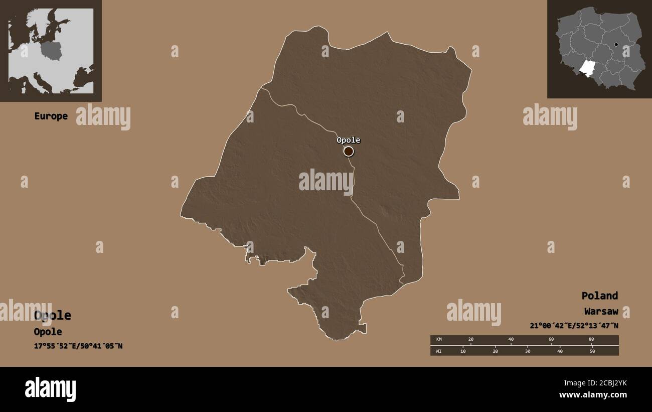 Forme d'Opole, voïvodie de Pologne, et sa capitale. Echelle de distance, aperçus et étiquettes. Carte d'altitude en couleur. Rendu 3D Banque D'Images