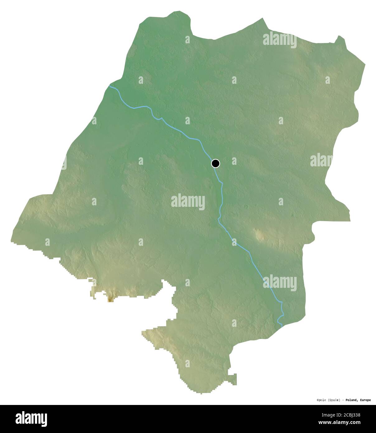 Forme d'Opole, voïvodeship de Pologne, avec sa capitale isolée sur fond blanc. Carte topographique de relief. Rendu 3D Banque D'Images