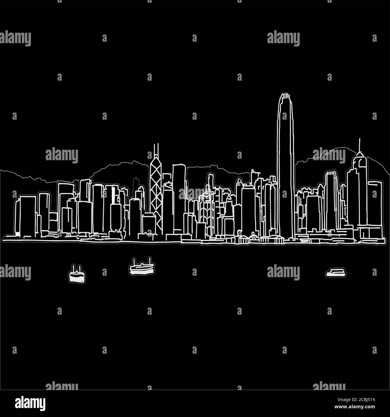 Dessin d'horizon de Hong Kong . Illustration à la main noire et blanche. Icône pour l'impression et l'étiquetage. Illustration de Vecteur
