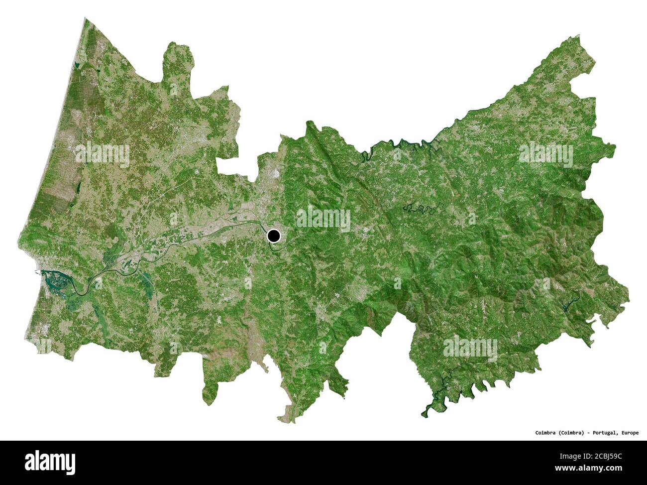 Forme de Coimbra, district du Portugal, avec sa capitale isolée sur fond blanc. Imagerie satellite. Rendu 3D Banque D'Images