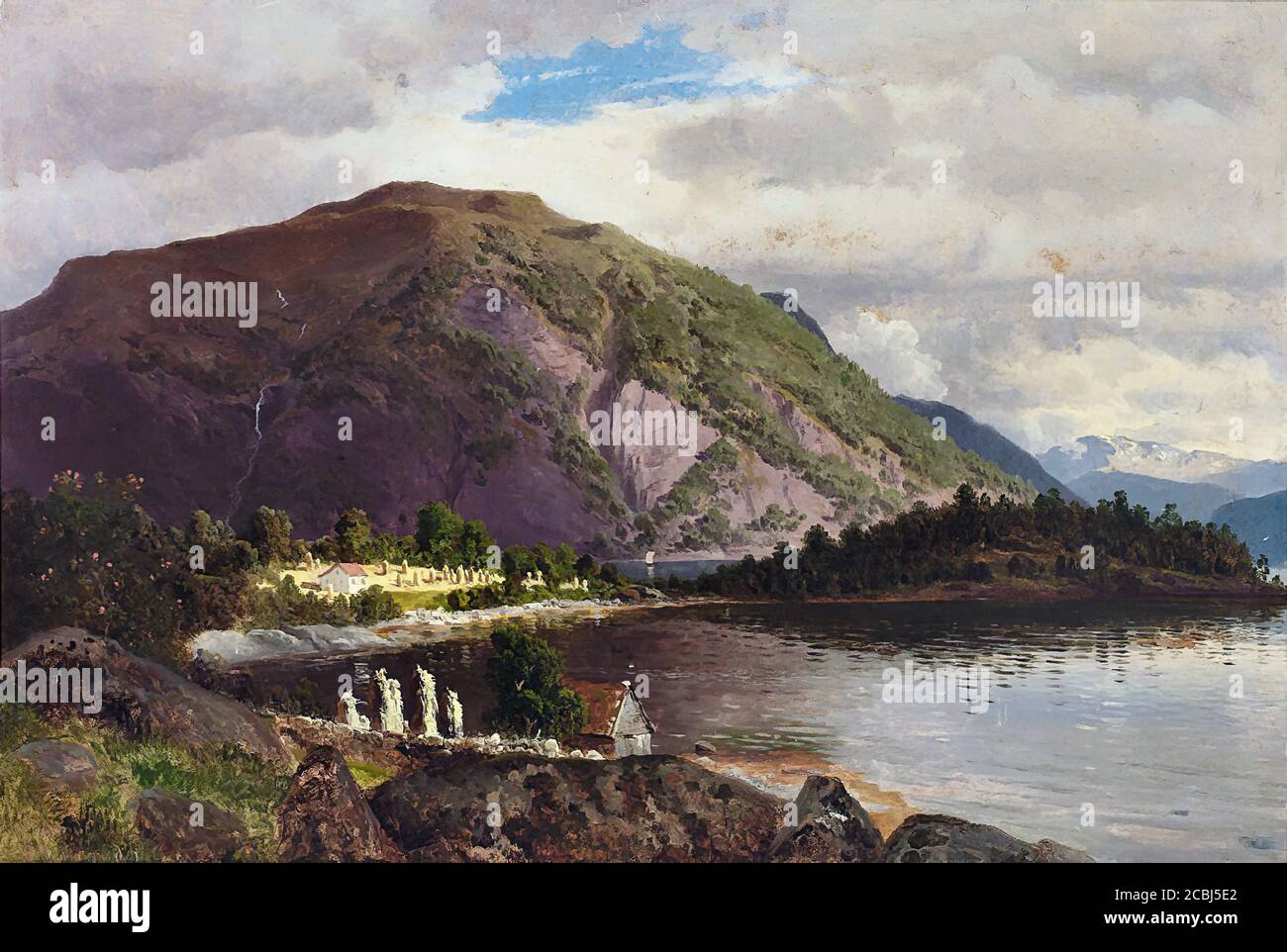 Saal Georg Eduard Otto - Sommerliche Landschaft mit Bewaldetem Berg Seeufer und Zwei Hütten - Ecole allemande - 19ème et Début du XXe siècle Banque D'Images