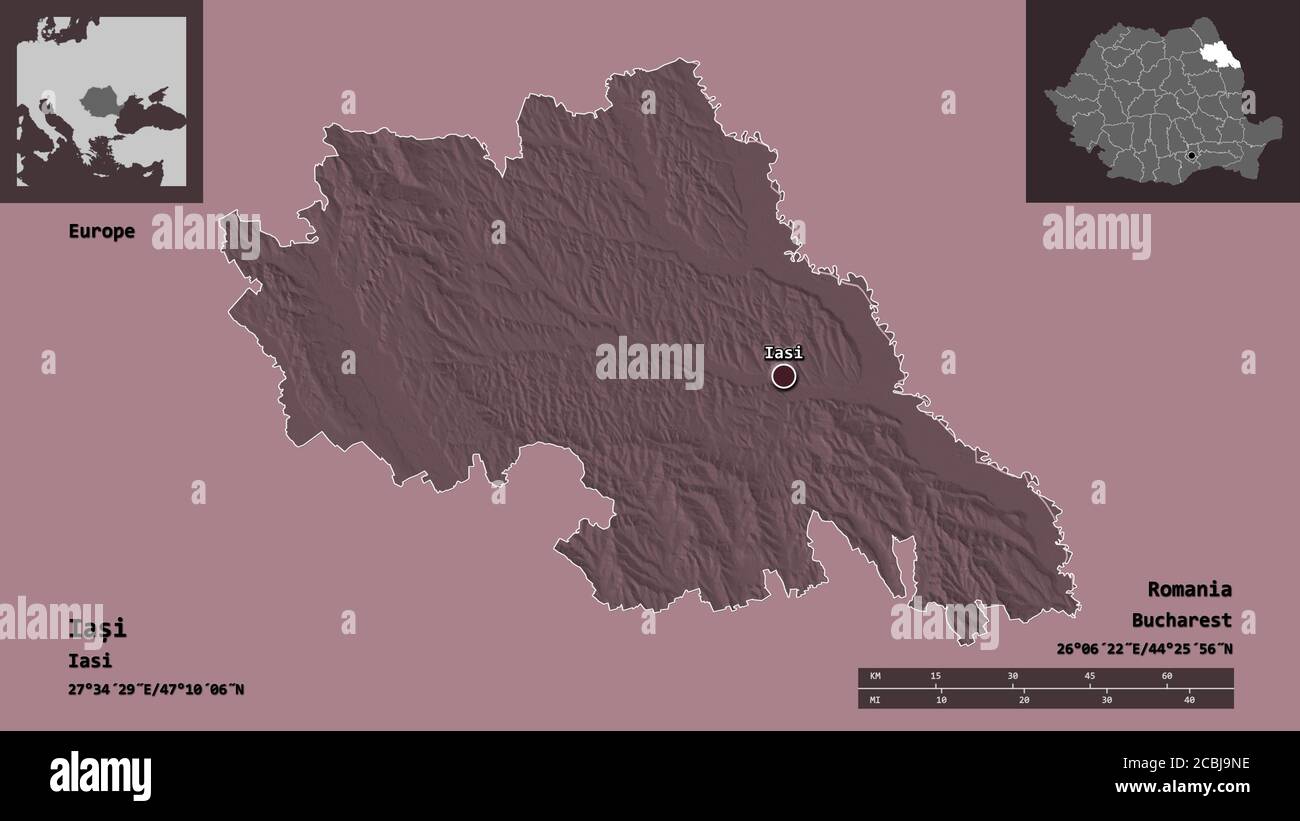 Forme de Iași, comté de Roumanie, et sa capitale. Echelle de distance, aperçus et étiquettes. Carte d'altitude en couleur. Rendu 3D Banque D'Images