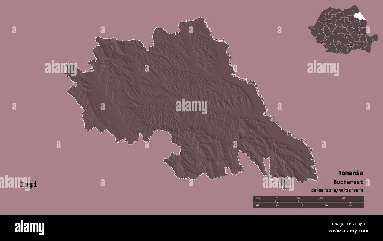 Forme de Iași, comté de Roumanie, avec sa capitale isolée sur fond solide. Échelle de distance, aperçu de la région et libellés. Carte d'altitude en couleur. 3D Banque D'Images