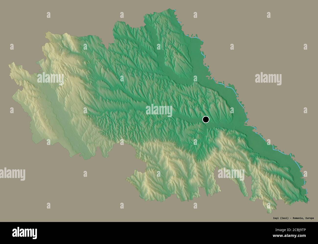 Forme de Iași, comté de Roumanie, avec sa capitale isolée sur un fond de couleur unie. Carte topographique de relief. Rendu 3D Banque D'Images