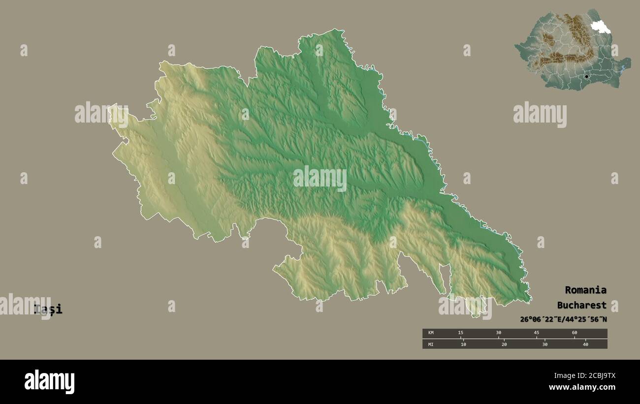 Forme de Iași, comté de Roumanie, avec sa capitale isolée sur fond solide. Échelle de distance, aperçu de la région et libellés. Carte topographique de relief. 3D Banque D'Images