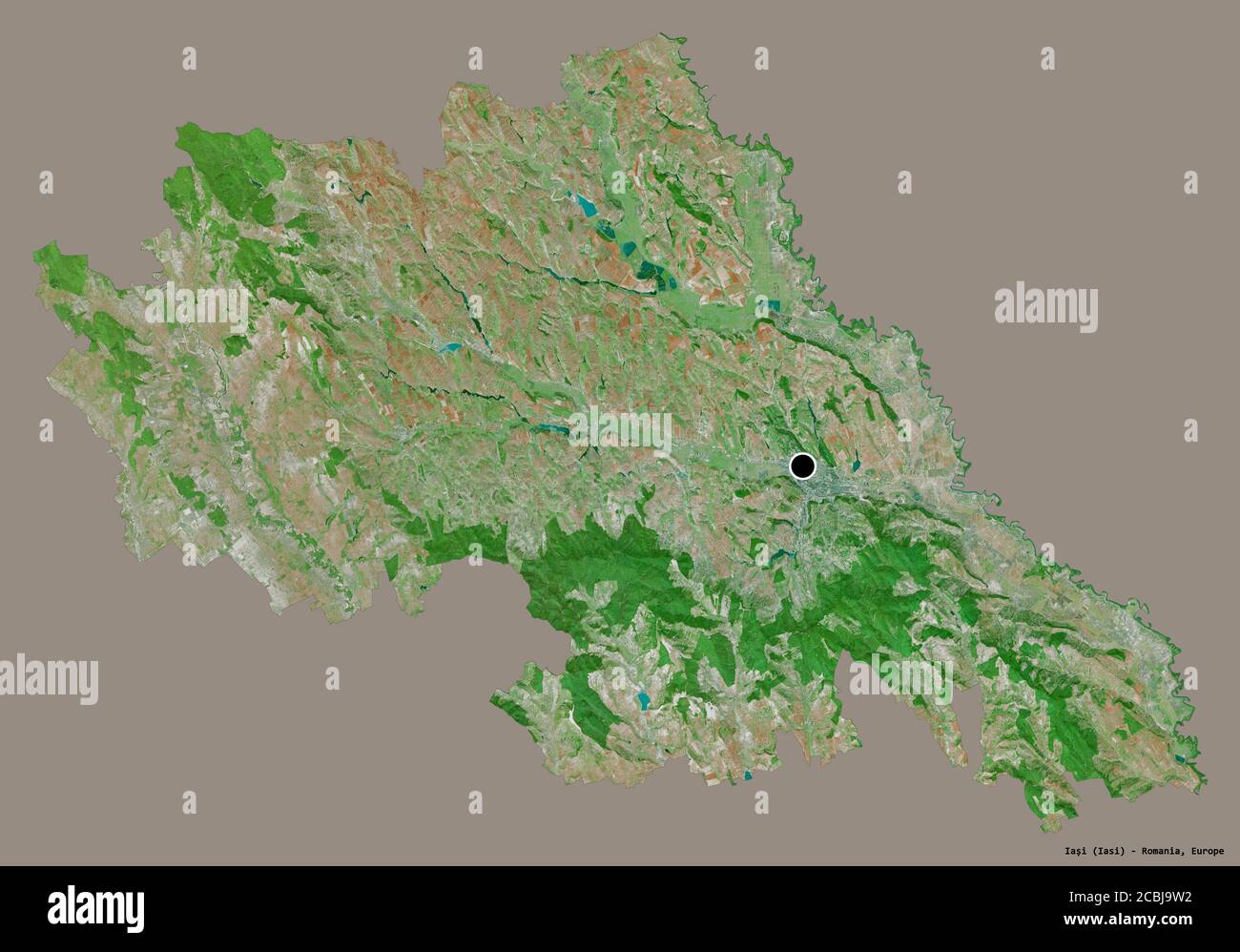 Forme de Iași, comté de Roumanie, avec sa capitale isolée sur un fond de couleur unie. Imagerie satellite. Rendu 3D Banque D'Images