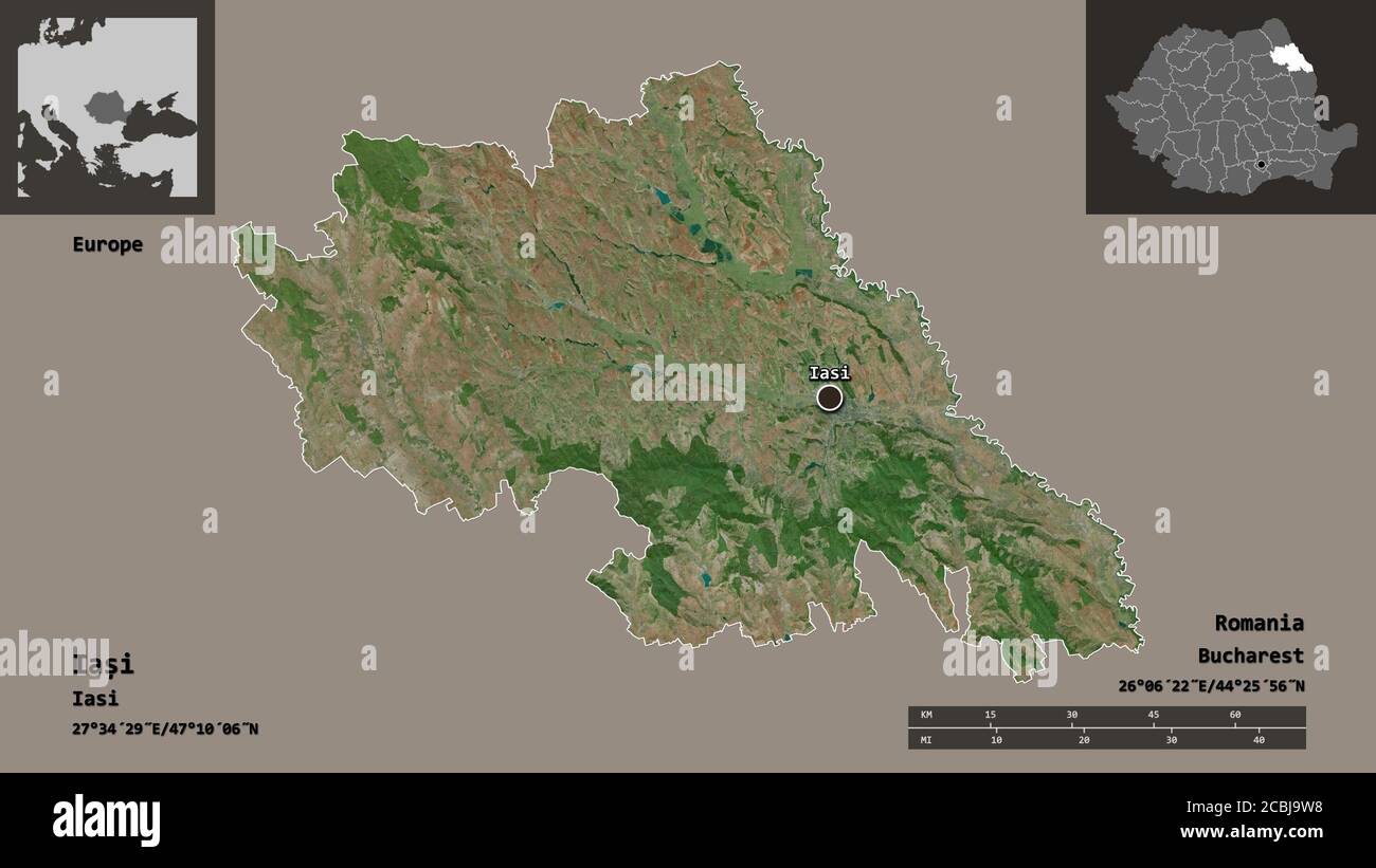 Forme de Iași, comté de Roumanie, et sa capitale. Echelle de distance, aperçus et étiquettes. Imagerie satellite. Rendu 3D Banque D'Images