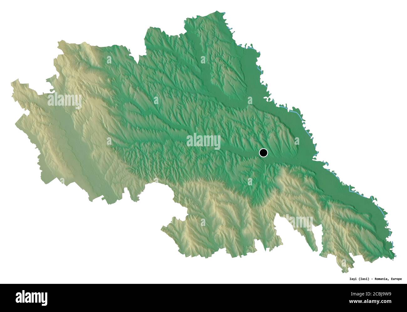 Forme de Iași, comté de Roumanie, avec sa capitale isolée sur fond blanc. Carte topographique de relief. Rendu 3D Banque D'Images