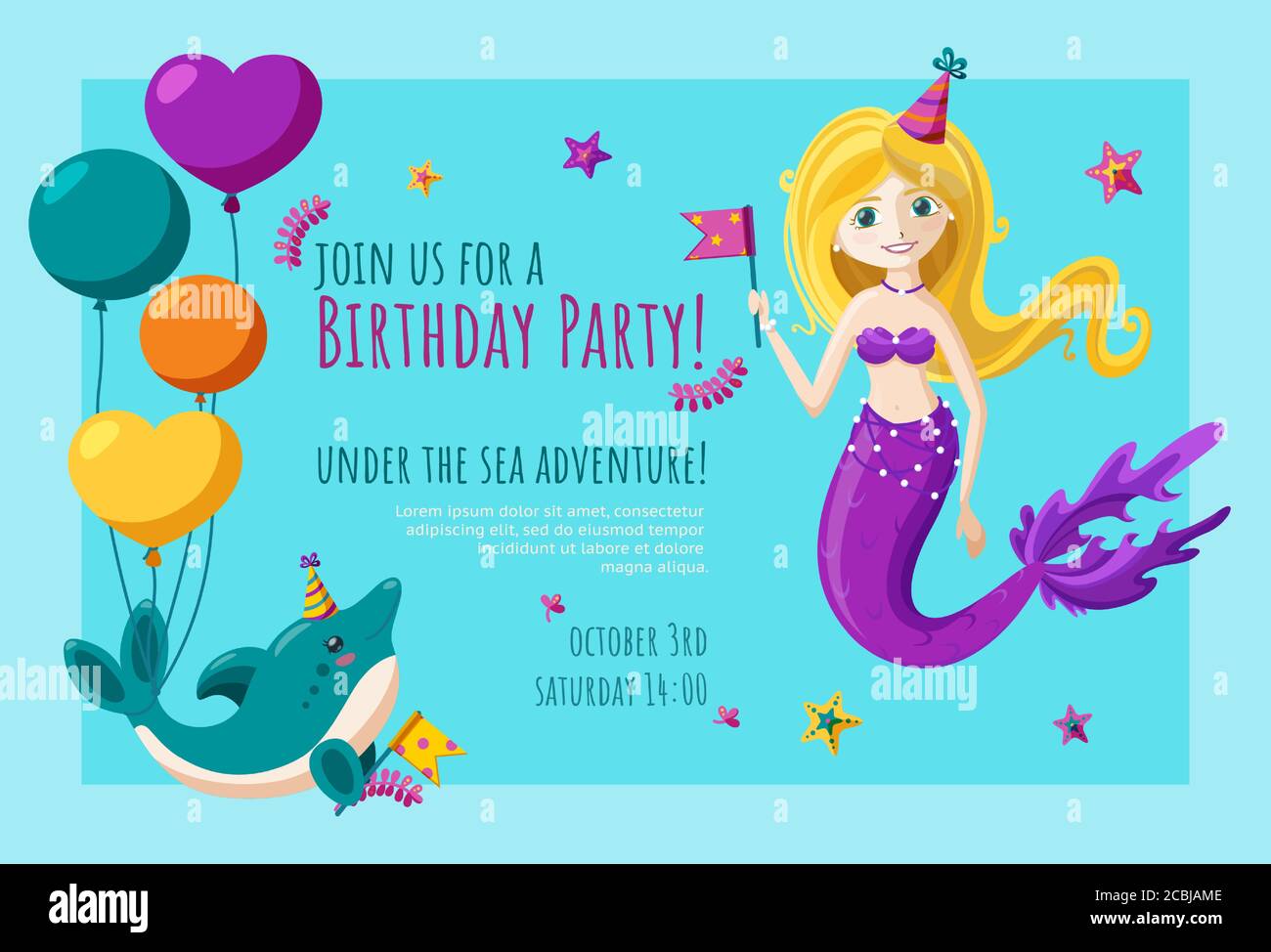 Carte D Anniversaire Avec Petit Dauphin Et Sirene Motif D Invitation Pret A Porter Avec Ballons Chapeaux D Anniversaire Et Drapeaux Vecteur Colore Image Vectorielle Stock Alamy