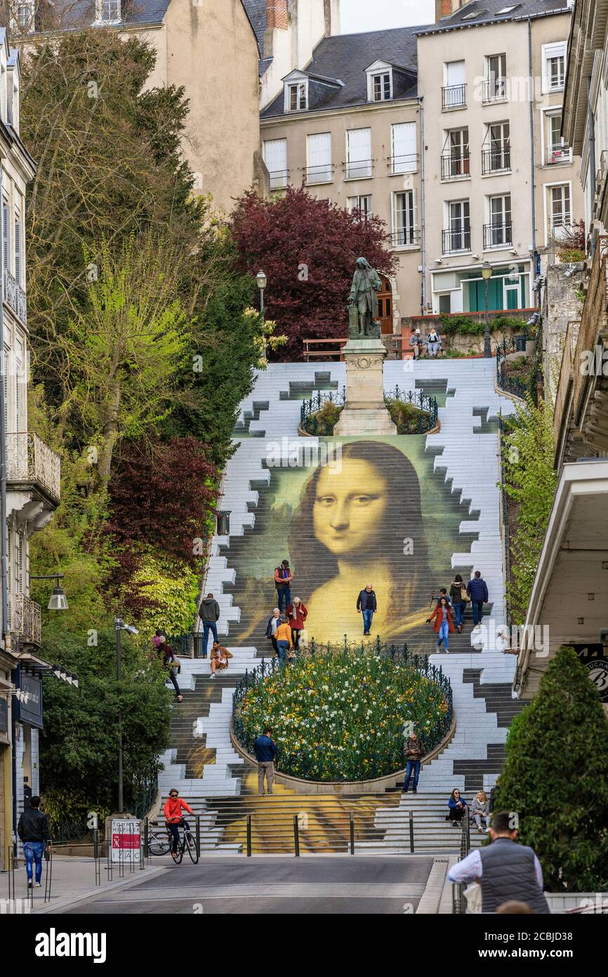 France, Loir et cher, Vallée de la Loire classée au patrimoine mondial de l'UNESCO, Blois, reproduction monumentale en trompe-l'œil du portrait de Mona Lisa Or Banque D'Images