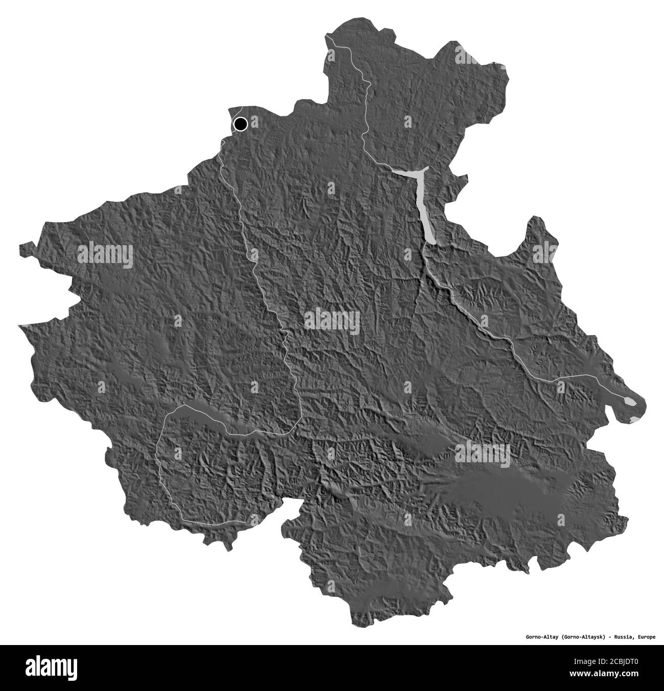 Forme de Gorno-Altay, république de Russie, avec sa capitale isolée sur fond blanc. Carte d'élévation à deux niveaux. Rendu 3D Banque D'Images