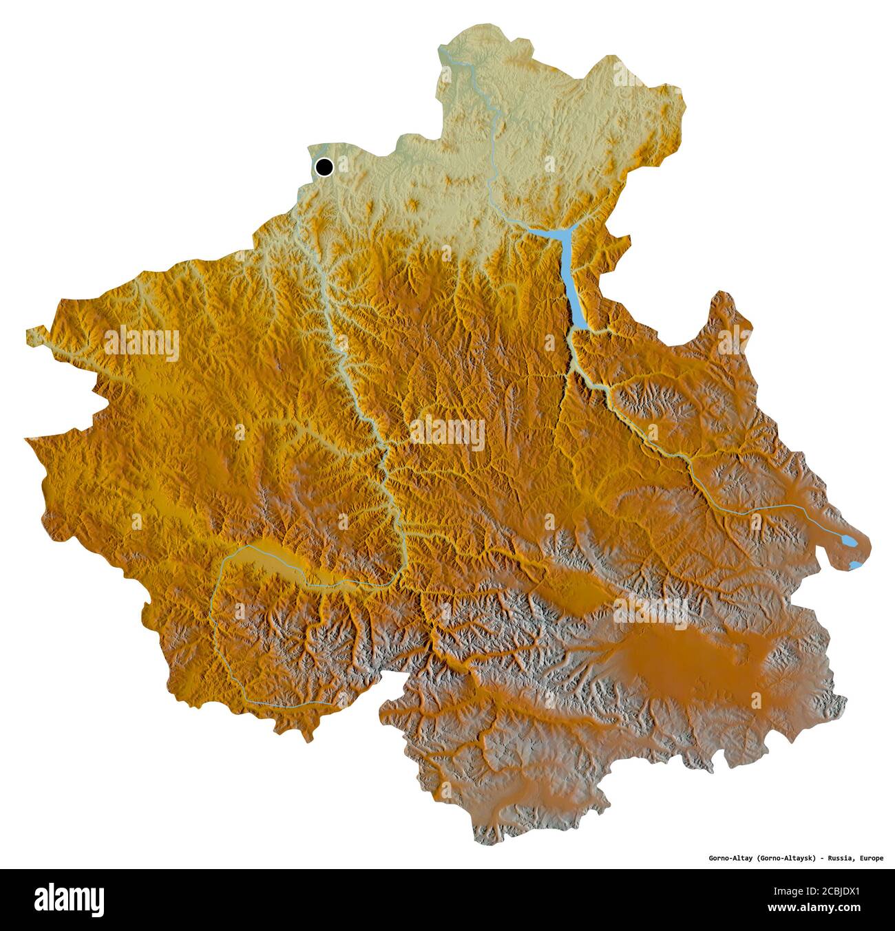 Forme de Gorno-Altay, république de Russie, avec sa capitale isolée sur fond blanc. Carte topographique de relief. Rendu 3D Banque D'Images