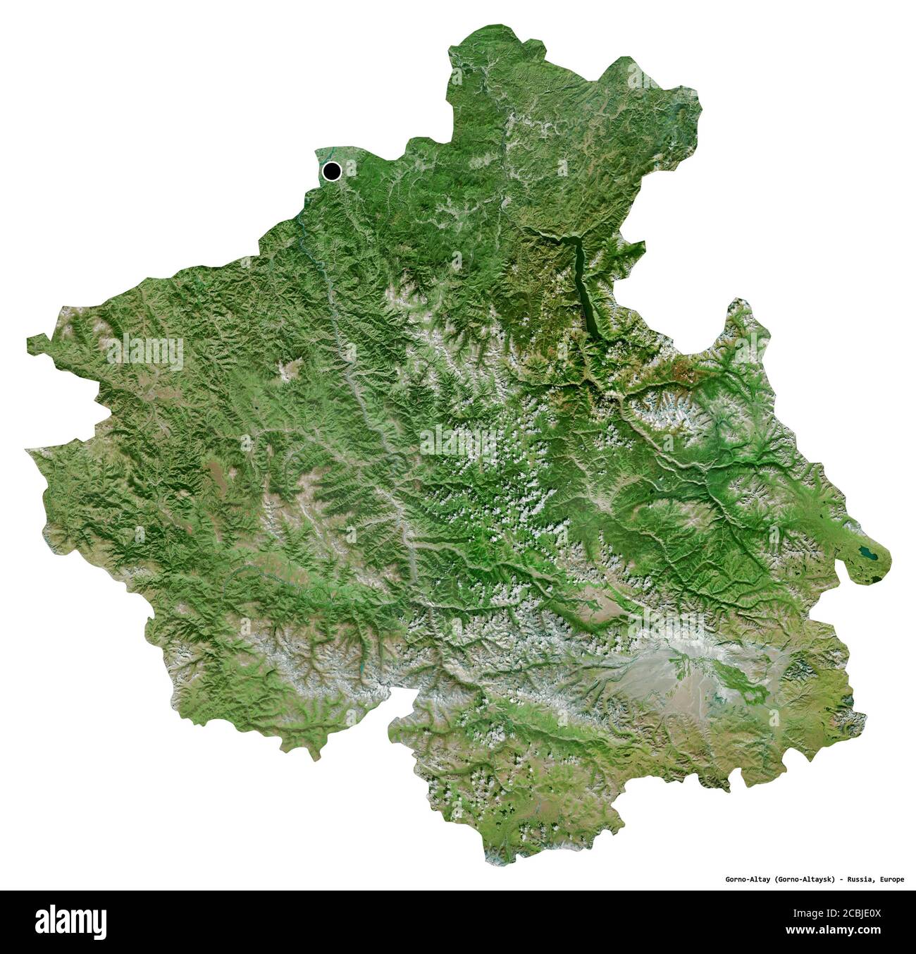 Forme de Gorno-Altay, république de Russie, avec sa capitale isolée sur fond blanc. Imagerie satellite. Rendu 3D Banque D'Images