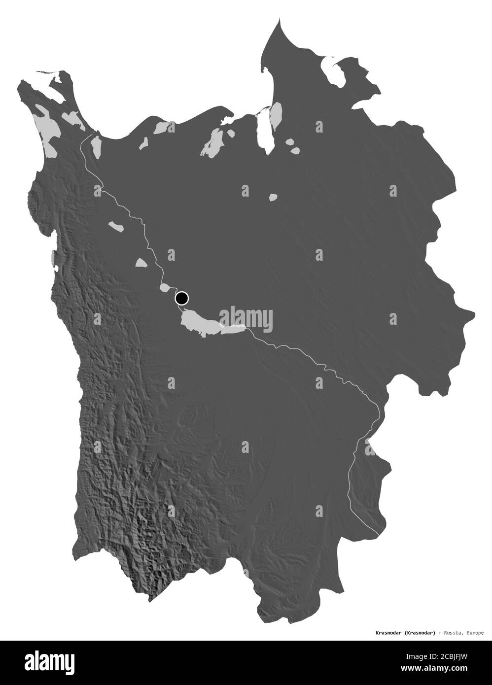 Forme de Krasnodar, territoire de la Russie, avec sa capitale isolée sur fond blanc. Carte d'élévation à deux niveaux. Rendu 3D Banque D'Images