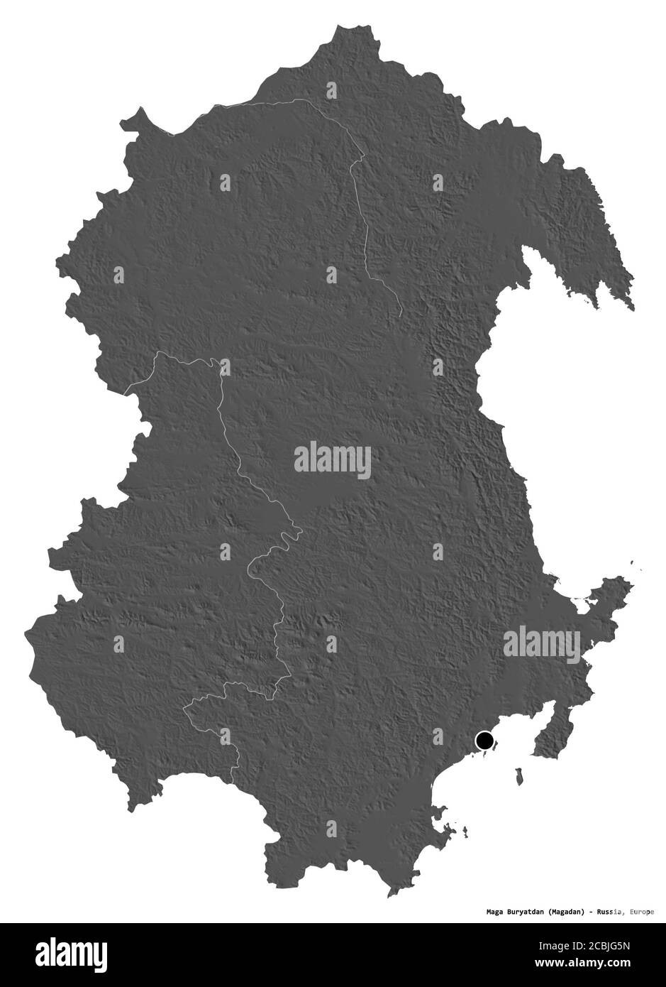 Forme de Maga Buryatdan, région de Russie, avec sa capitale isolée sur fond blanc. Carte d'élévation à deux niveaux. Rendu 3D Banque D'Images