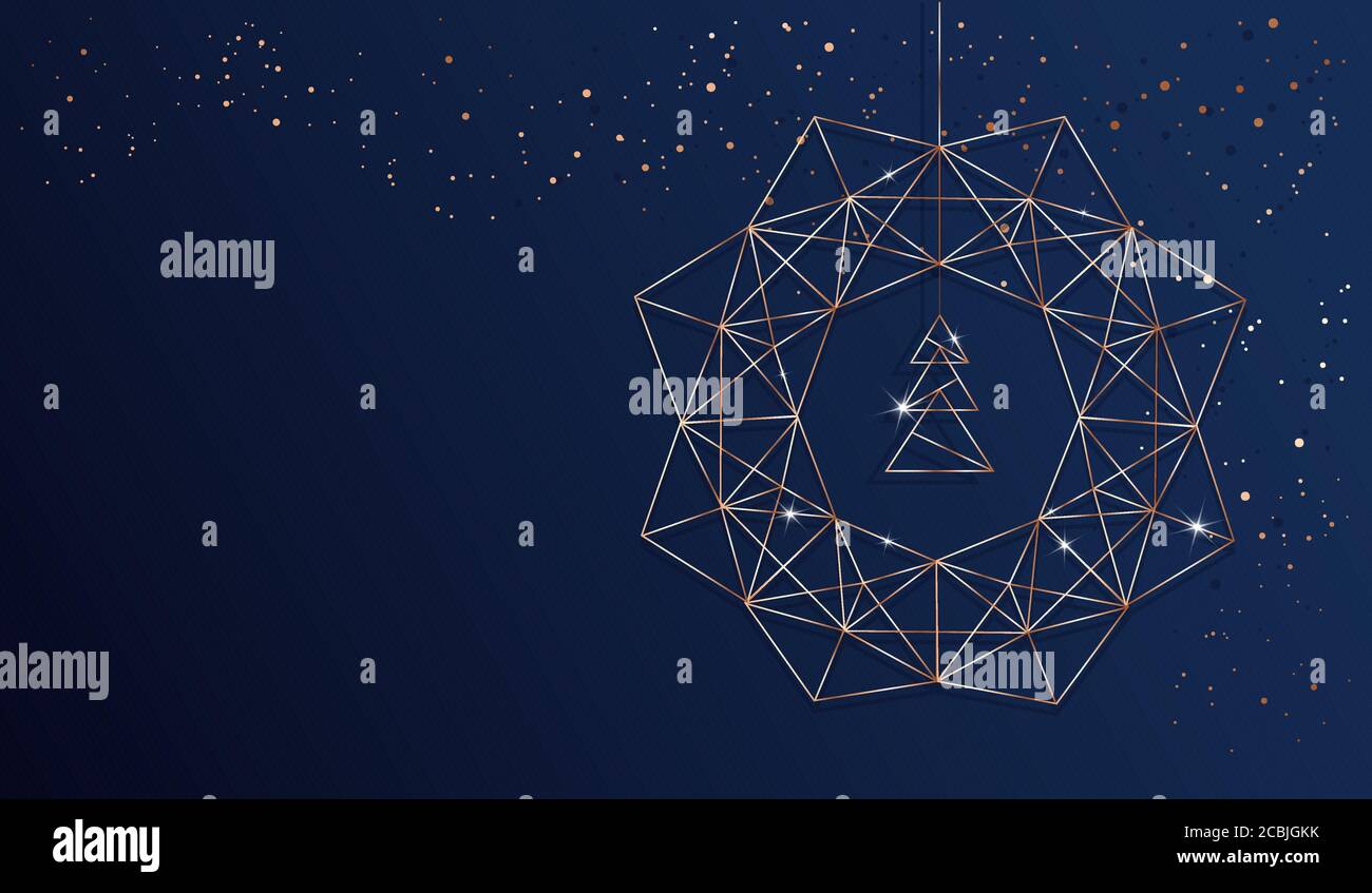 Fond de Noël avec arbre de noël abstrait stylisé et couronne de noël en formes géométriques de dessin au trait. Doré rose vectoriel et dos bleu foncé Illustration de Vecteur