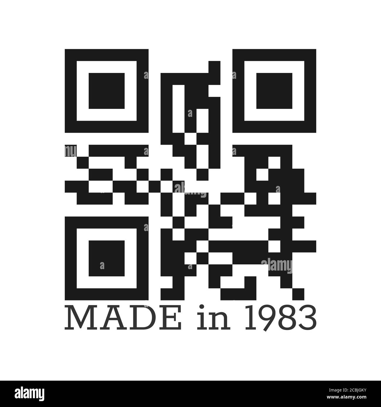 Fabriqué en 1983. Texte stylisé vectoriel avec un code QR réel. Illustration vectorielle pour les vêtements, les textiles et les salutations isolée sur un fond blanc. Illustration de Vecteur