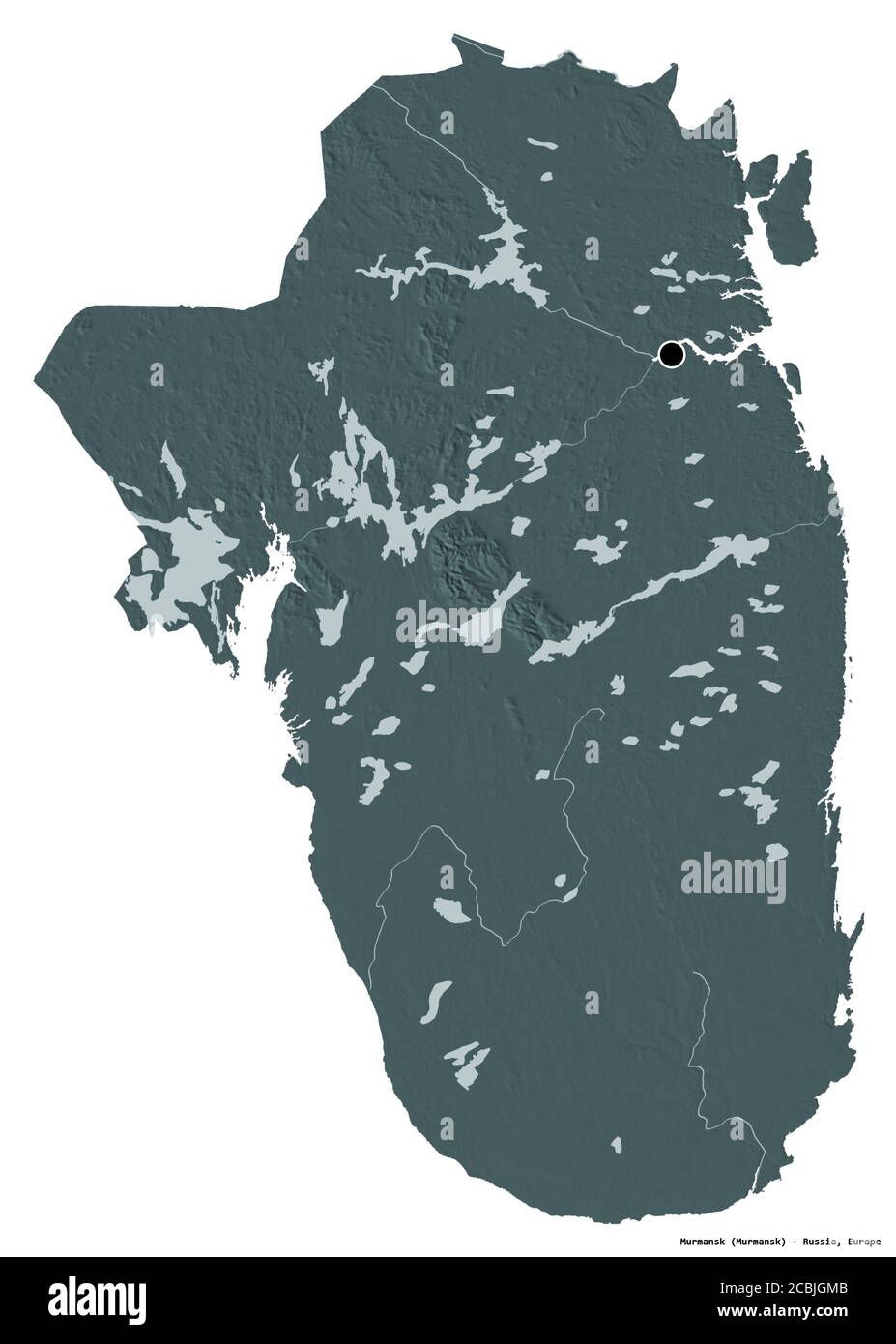 Forme de Mourmansk, région de Russie, avec sa capitale isolée sur fond blanc. Carte d'altitude en couleur. Rendu 3D Banque D'Images
