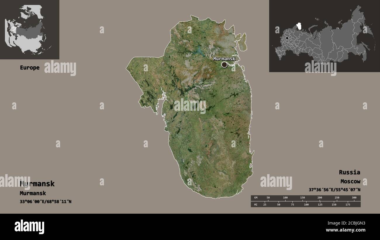 Forme de Mourmansk, région de Russie, et sa capitale. Echelle de distance, aperçus et étiquettes. Imagerie satellite. Rendu 3D Banque D'Images