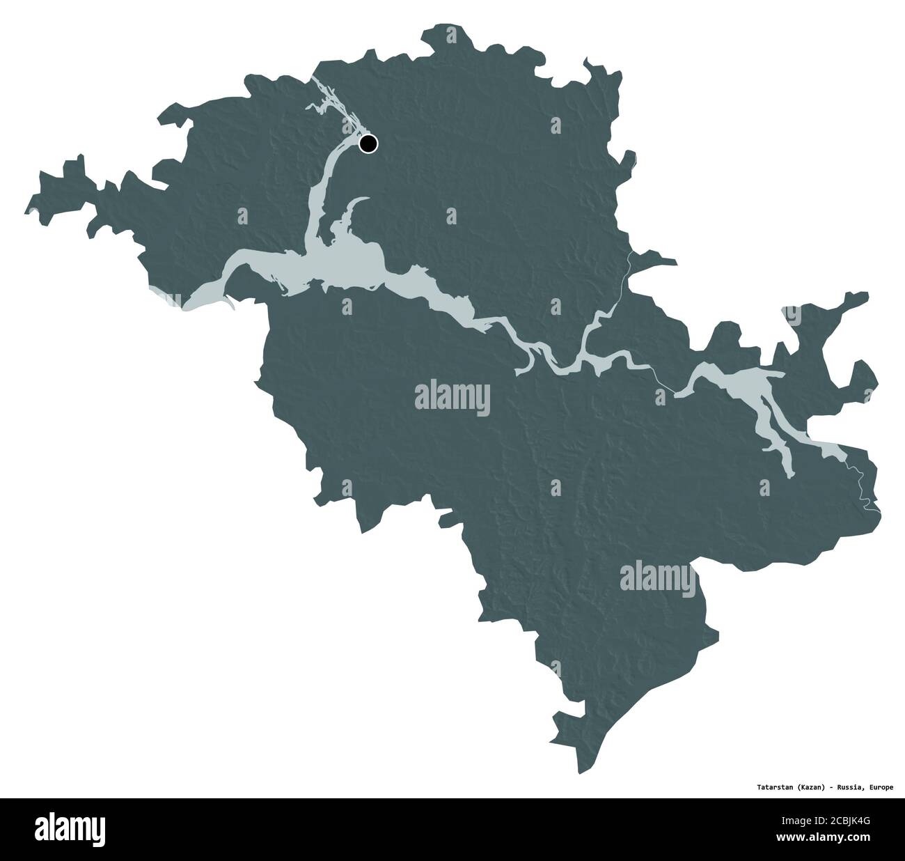 Forme du Tatarstan, république de Russie, avec sa capitale isolée sur fond blanc. Carte d'altitude en couleur. Rendu 3D Banque D'Images