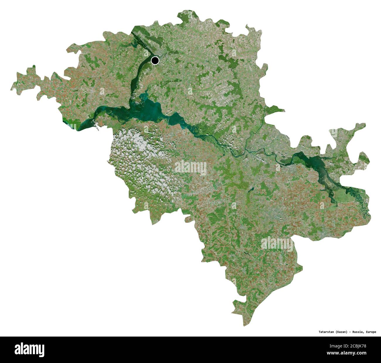 Forme du Tatarstan, république de Russie, avec sa capitale isolée sur fond blanc. Imagerie satellite. Rendu 3D Banque D'Images