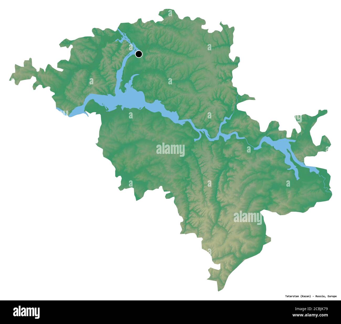 Forme du Tatarstan, république de Russie, avec sa capitale isolée sur fond blanc. Carte topographique de relief. Rendu 3D Banque D'Images