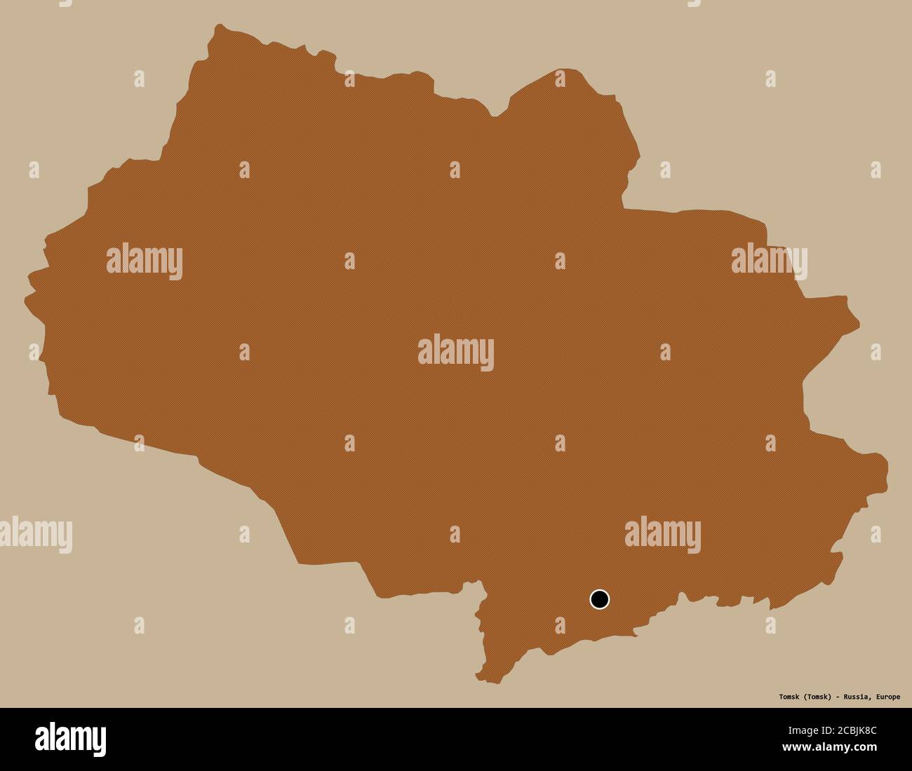 Forme de Tomsk, région de Russie, avec sa capitale isolée sur un fond de couleur unie. Composition des textures répétées. Rendu 3D Banque D'Images
