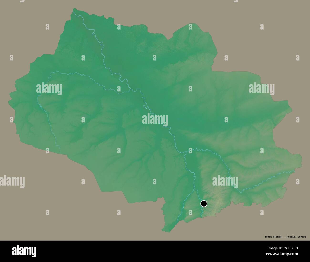 Forme de Tomsk, région de Russie, avec sa capitale isolée sur un fond de couleur unie. Carte topographique de relief. Rendu 3D Banque D'Images