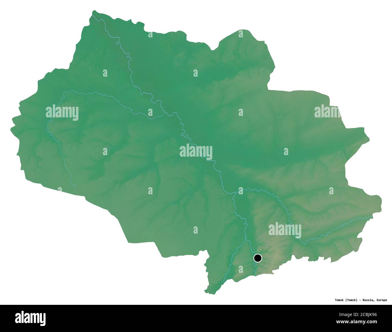 Forme de Tomsk, région de Russie, avec sa capitale isolée sur fond blanc. Carte topographique de relief. Rendu 3D Banque D'Images