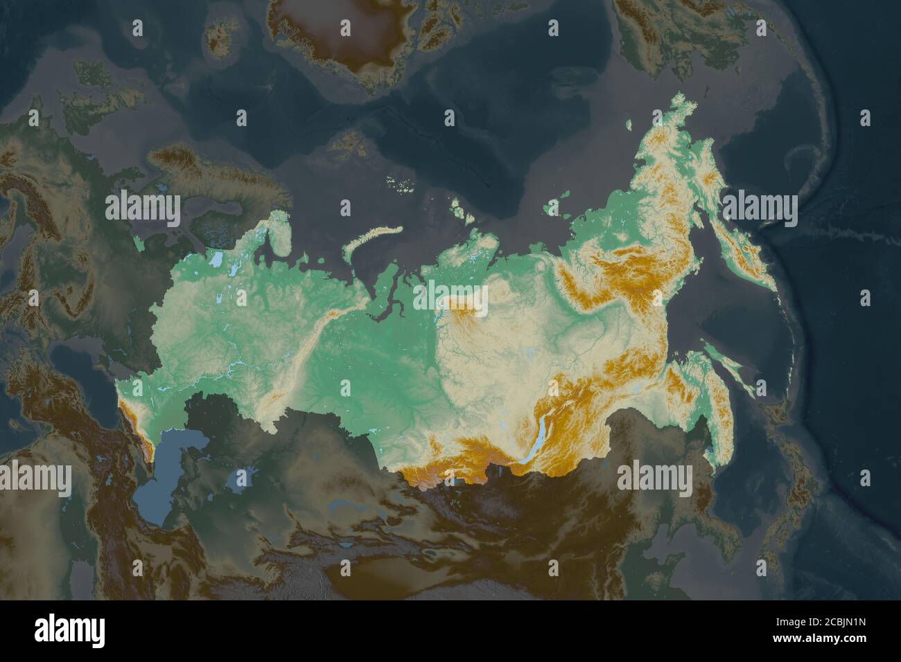 Forme de la Russie séparée par la désaturation des zones voisines. Carte topographique de relief. Rendu 3D Banque D'Images
