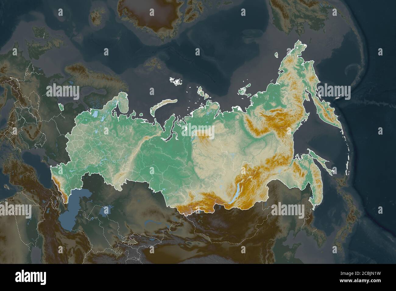 Forme de la Russie séparée par la désaturation des zones voisines. Bordures. Carte topographique de relief. Rendu 3D Banque D'Images