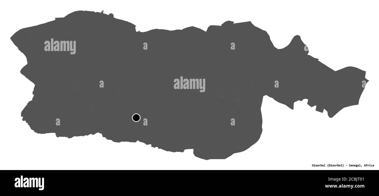 Forme de Diourbel, région du Sénégal, avec sa capitale isolée sur fond blanc. Carte d'élévation à deux niveaux. Rendu 3D Banque D'Images