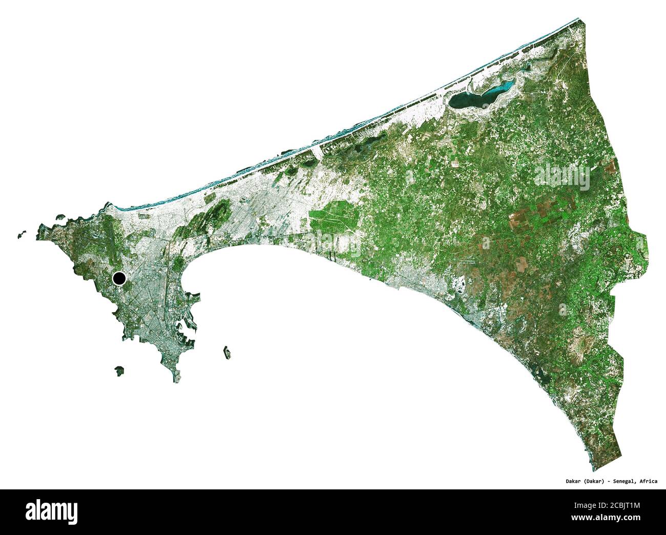 Forme de Dakar, région du Sénégal, avec sa capitale isolée sur fond blanc. Imagerie satellite. Rendu 3D Banque D'Images