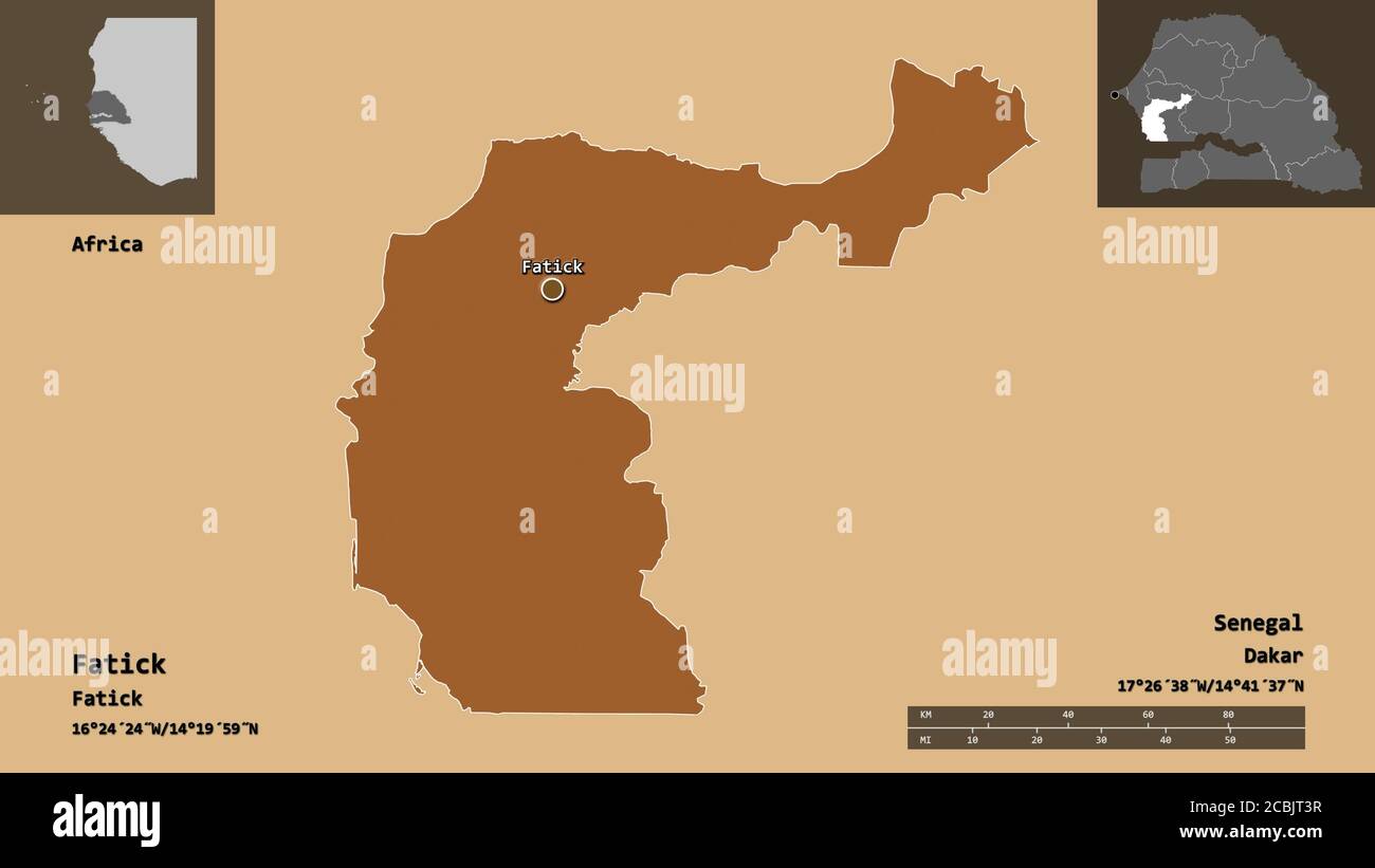 Forme de Fatick, région du Sénégal, et sa capitale. Echelle de distance ...