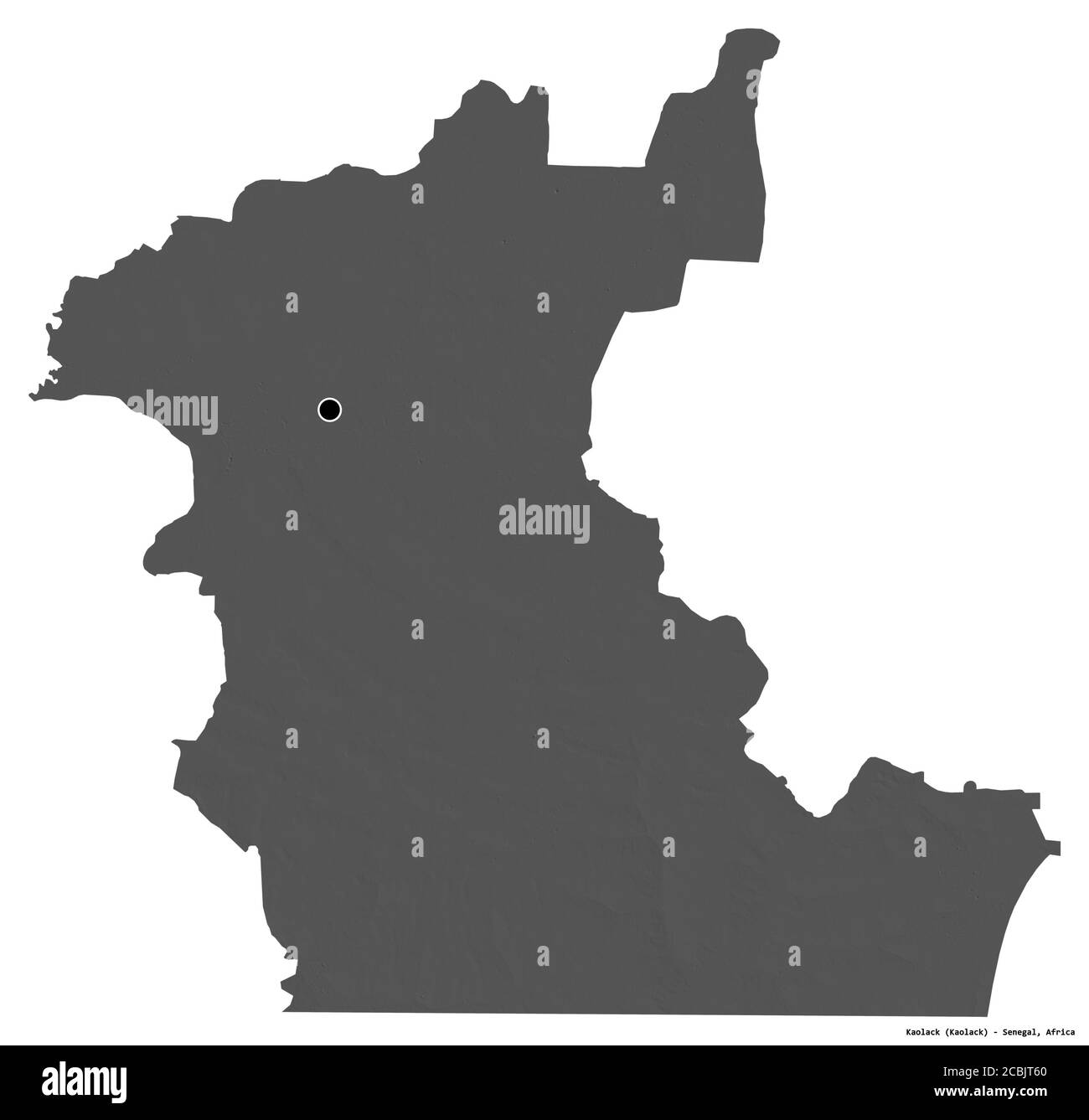 Forme de Kaolack, région du Sénégal, avec sa capitale isolée sur fond blanc. Carte d'élévation à deux niveaux. Rendu 3D Banque D'Images