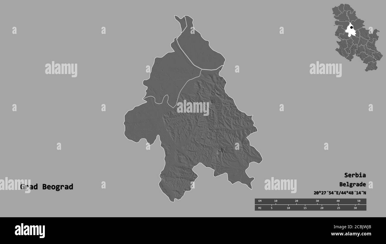 Forme de Grad Beograd, ville de Serbie, avec sa capitale isolée sur fond solide. Échelle de distance, aperçu de la région et libellés. Carte d'élévation à deux niveaux Banque D'Images