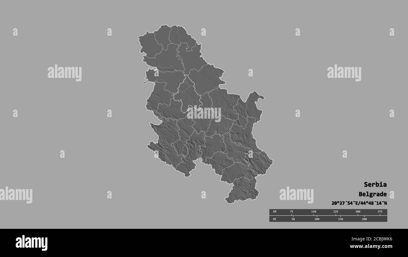 Forme désaturée de Serbie avec sa capitale, sa principale division régionale et la région séparée de Grad Beograd. Étiquettes. Carte d'élévation à deux niveaux. Rendu 3D Banque D'Images