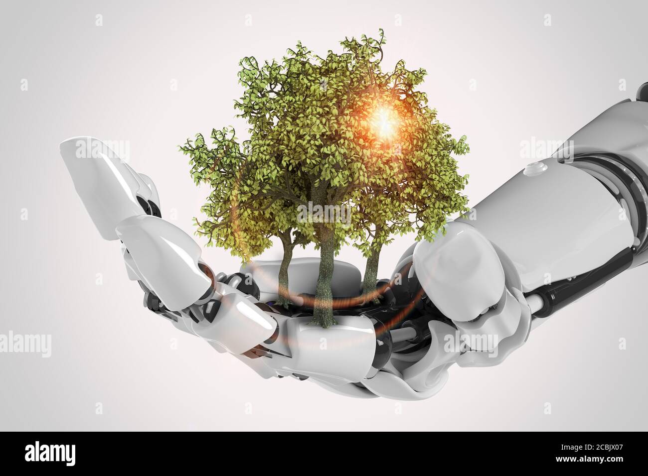 Robot cyborg main, nature et technologie concept abstrait, rendu 3d Banque D'Images