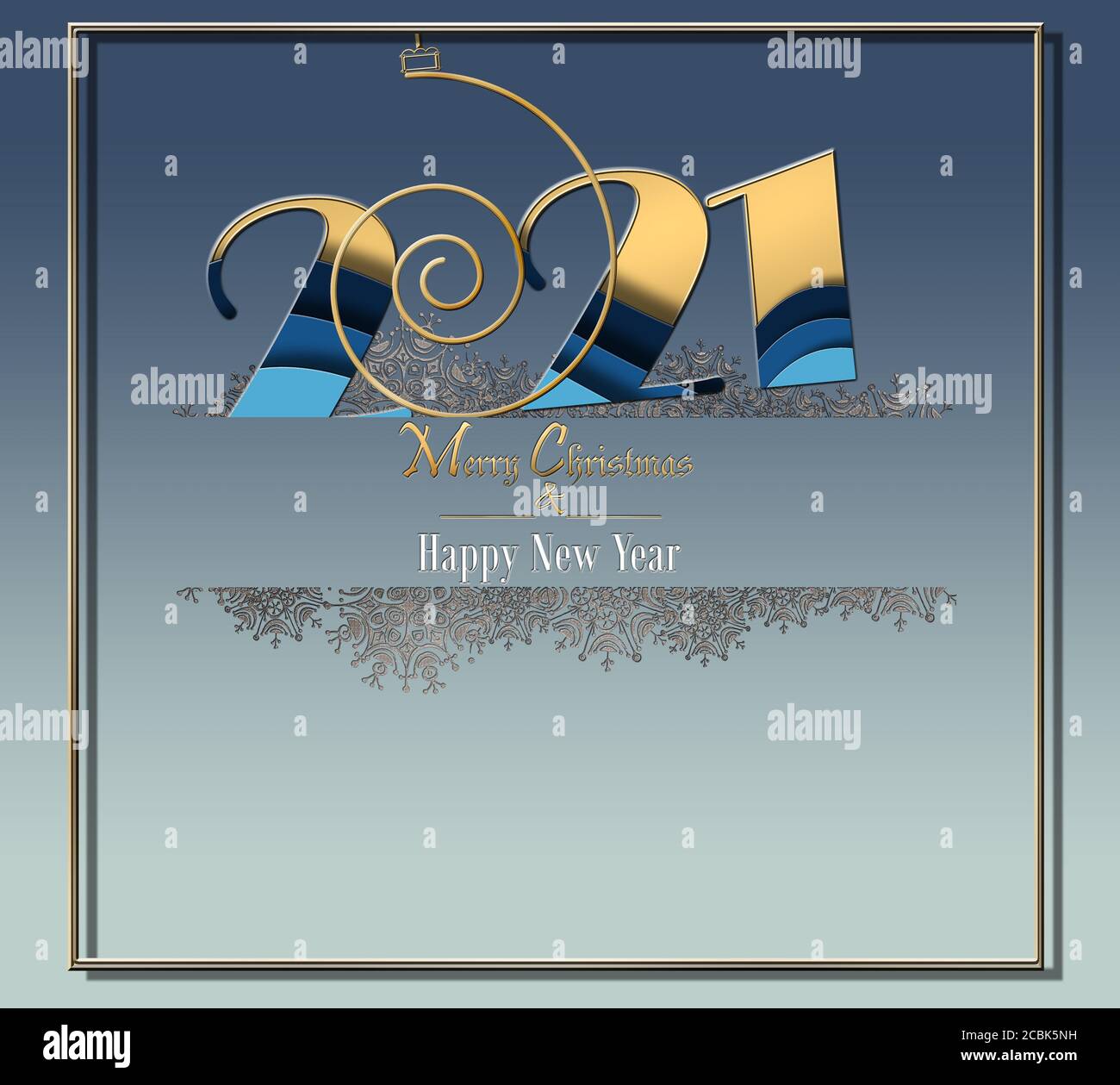 2021 carte de voeux élégante de luxe nouvel an avec cadre doré brillant de flocons de neige sur fond bleu pastel et chiffres 2021, texte Joyeux Noël Bonne Année. Bannière, affiche, illustration 3D. Banque D'Images