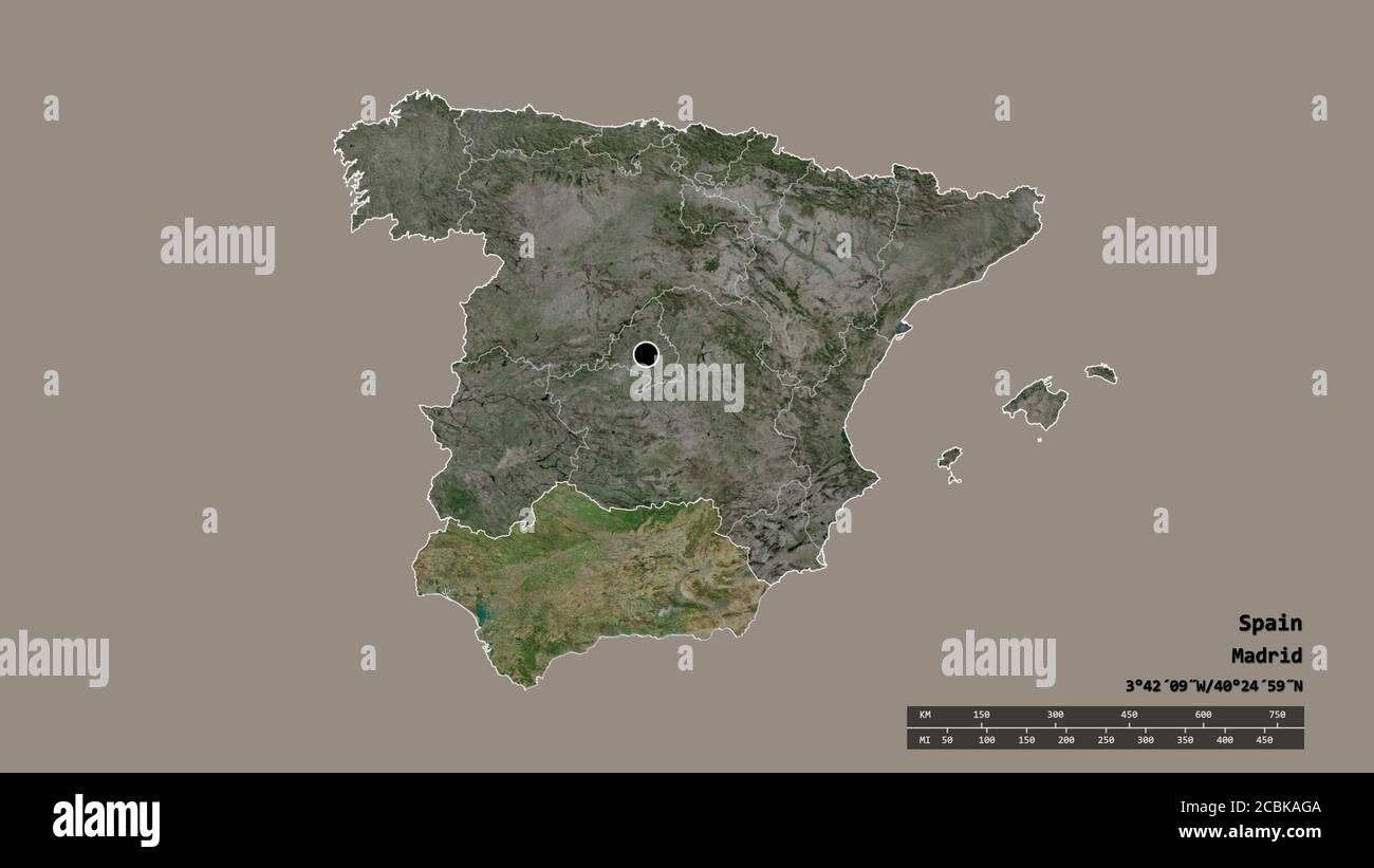 Forme désaturée de l'Espagne avec sa capitale, principale division régionale et la région séparée d'Andalousie. Étiquettes. Imagerie satellite. Rendu 3D Banque D'Images
