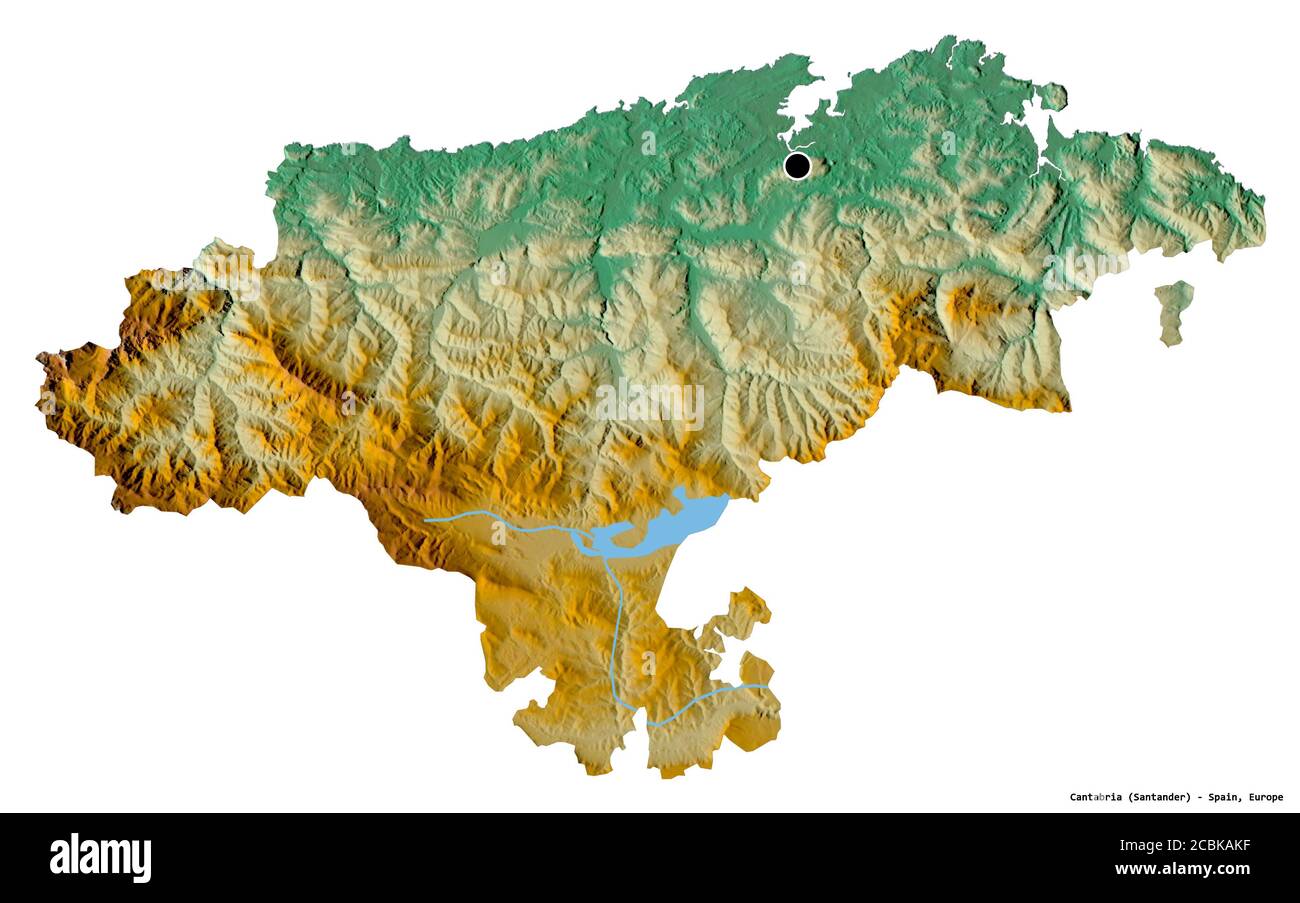 Forme de Cantabrie, communauté autonome d'Espagne, avec sa capitale isolée sur fond blanc. Carte topographique de relief. Rendu 3D Banque D'Images