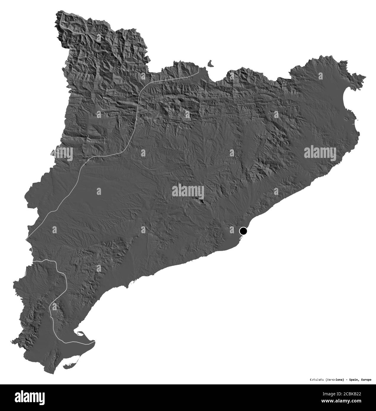 Forme de la Catalogne, communauté autonome d'Espagne, avec sa capitale isolée sur fond blanc. Carte d'élévation à deux niveaux. Rendu 3D Banque D'Images