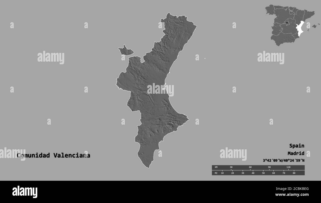 Forme de Comunidad Valenciana, communauté autonome d'Espagne, avec sa capitale isolée sur fond solide. Échelle de distance, aperçu de la région et libellés Banque D'Images