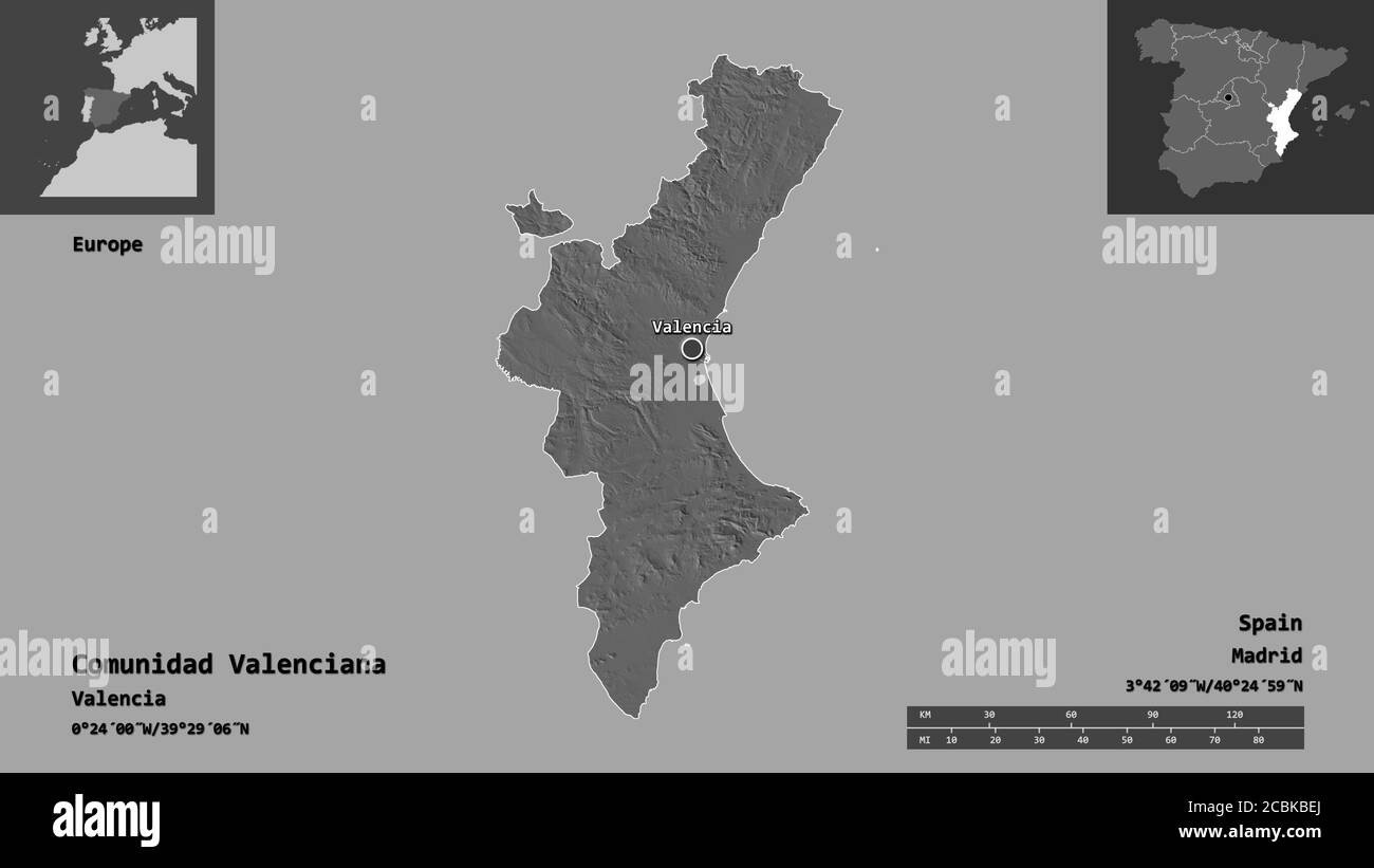 Forme de la Comunidad Valenciana, communauté autonome d'Espagne, et sa capitale. Echelle de distance, aperçus et étiquettes. Carte d'élévation à deux niveaux. Rendu 3D Banque D'Images