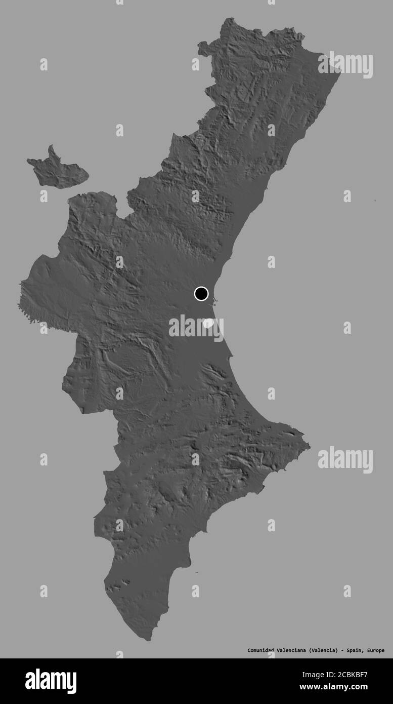 Forme de Comunidad Valenciana, communauté autonome d'Espagne, avec sa capitale isolée sur un fond de couleur solide. Carte d'élévation à deux niveaux. Rendu 3D Banque D'Images