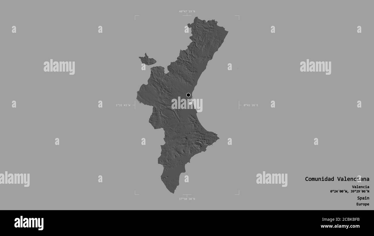 Zone de Comunidad Valenciana, communauté autonome d'Espagne, isolée sur un fond solide dans une boîte englobante géoréférencée. Étiquettes. Élévation biniveau Banque D'Images