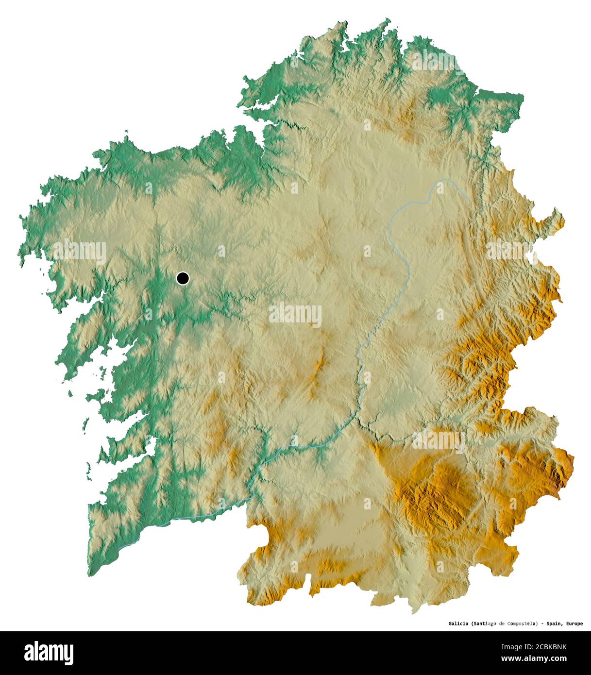 Forme de la Galice, communauté autonome de l'Espagne, avec sa capitale isolée sur fond blanc. Carte topographique de relief. Rendu 3D Banque D'Images