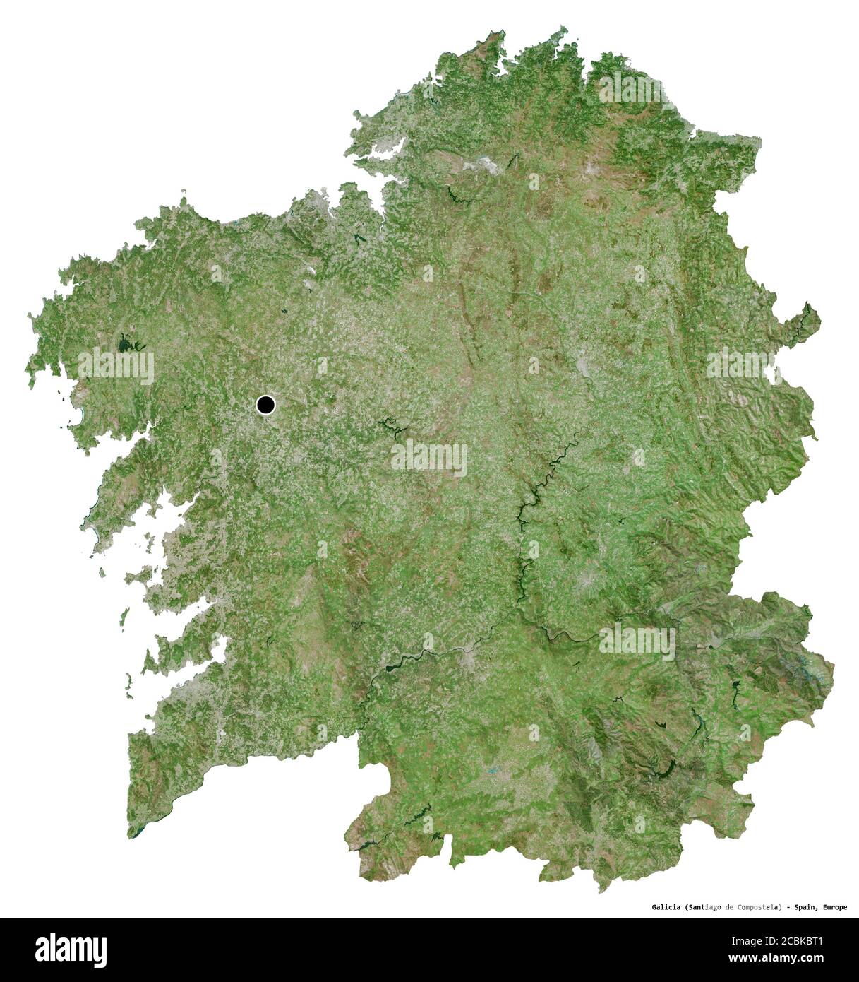 Forme de la Galice, communauté autonome de l'Espagne, avec sa capitale isolée sur fond blanc. Imagerie satellite. Rendu 3D Banque D'Images